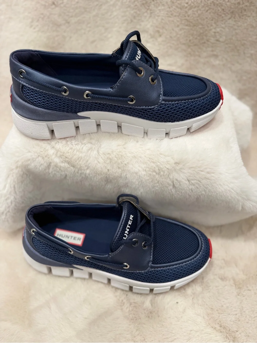 Hunter women’s Navy and Red Mesh Boat Shoes